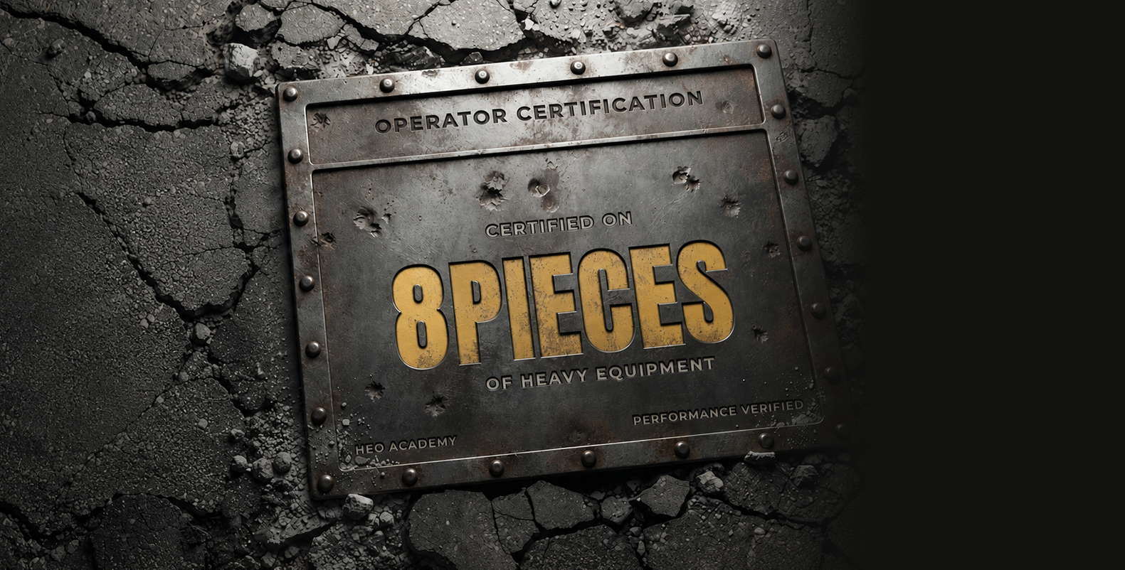 HEO Academy operator certification plate for eight pieces of heavy equipment