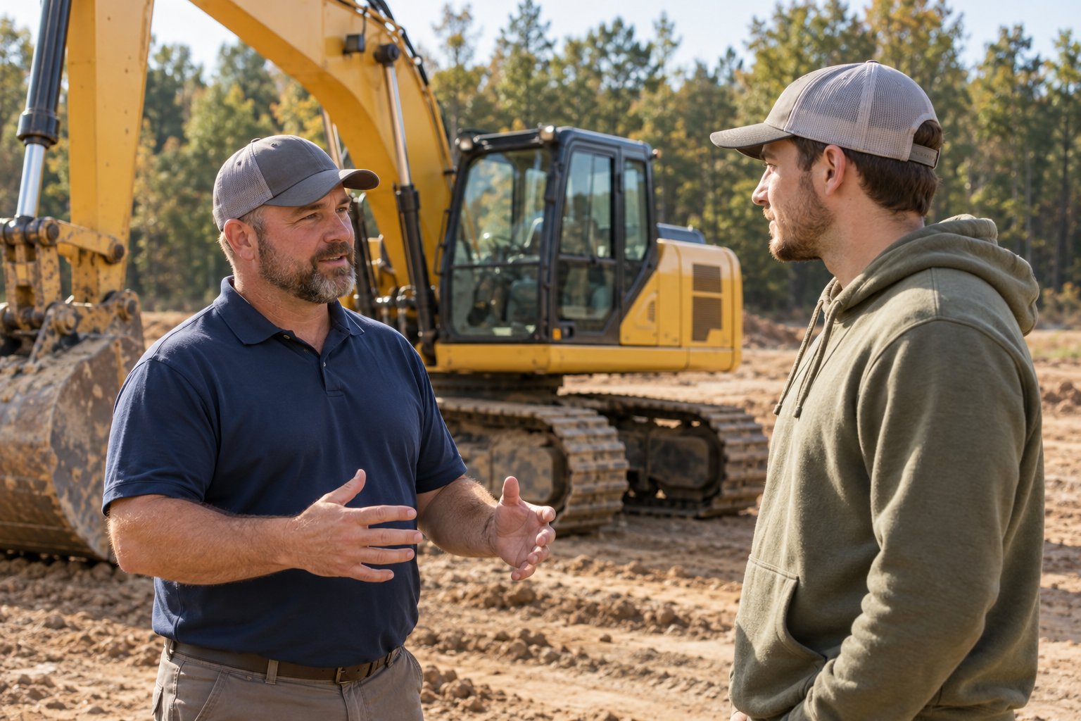 Instructor talking with a student beside an excavator
