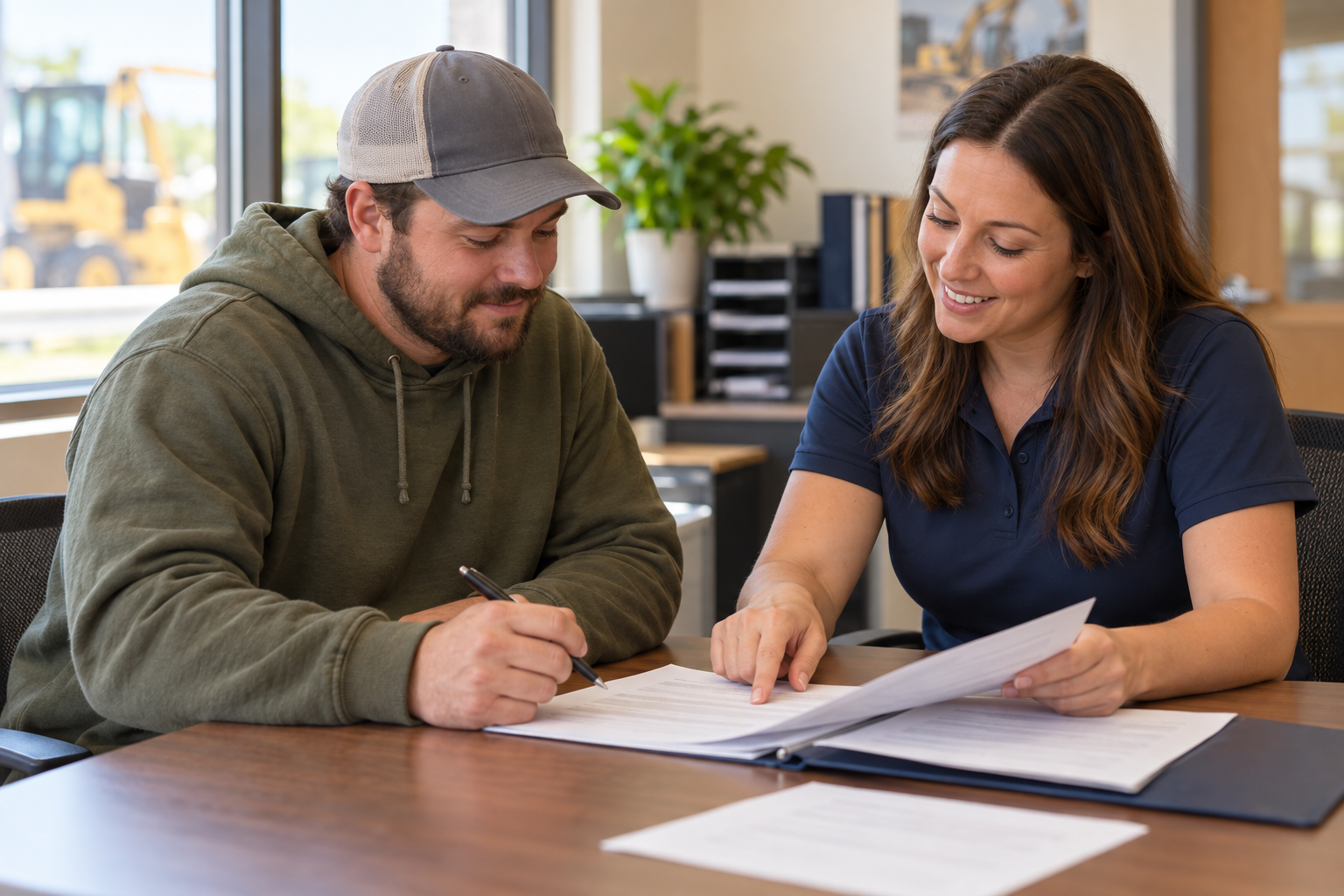 Student discussing training paperwork with an advisor