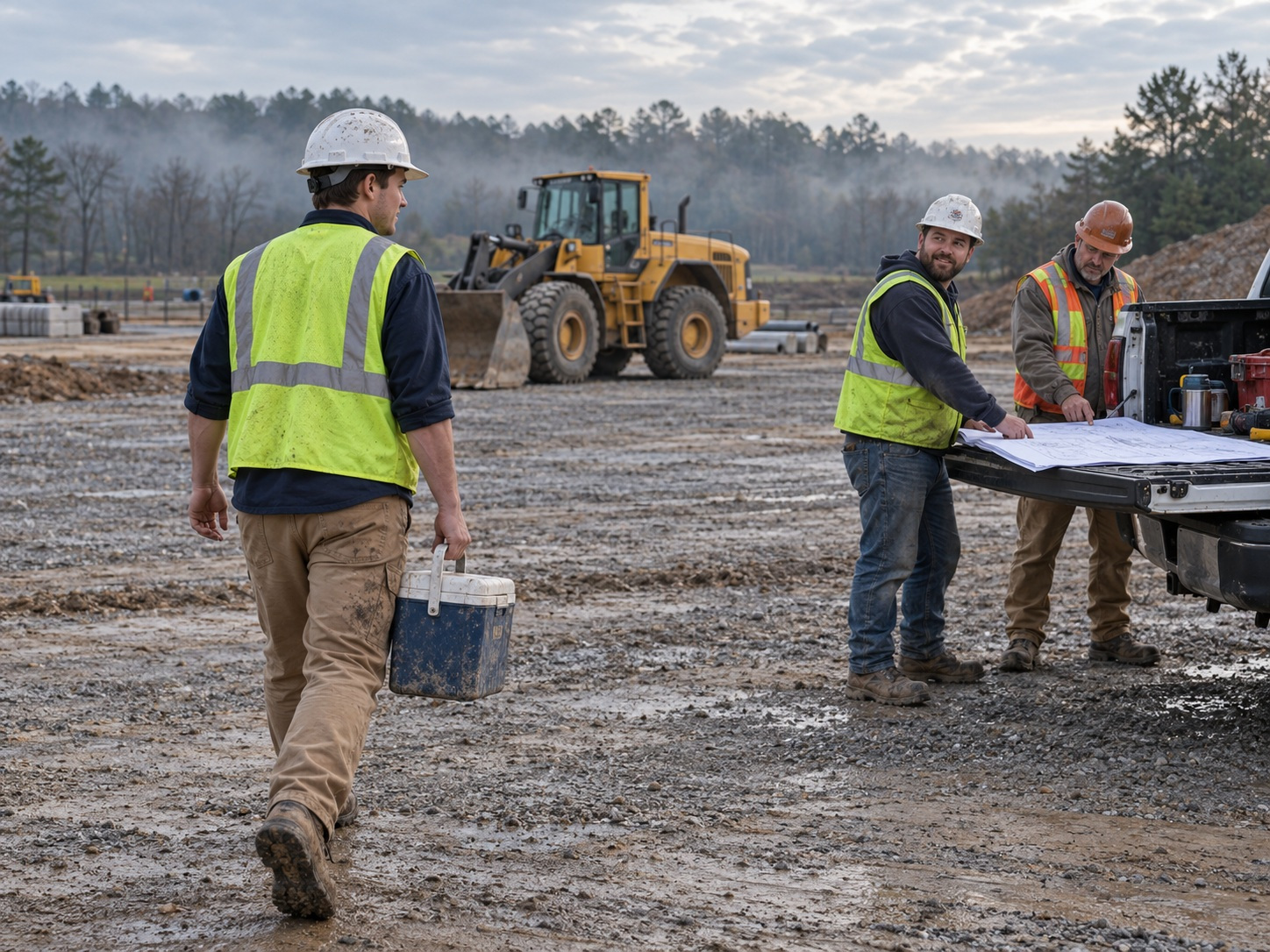 Heavy equipment operator arriving at an active jobsite while crew members review plans beside a loader